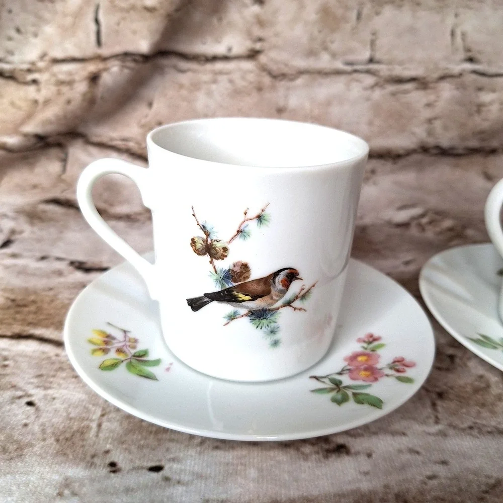 Pair of‎ Vintage Discontinued 80's Mottahedeh 8502 Aviary Pattern Cups & Saucers